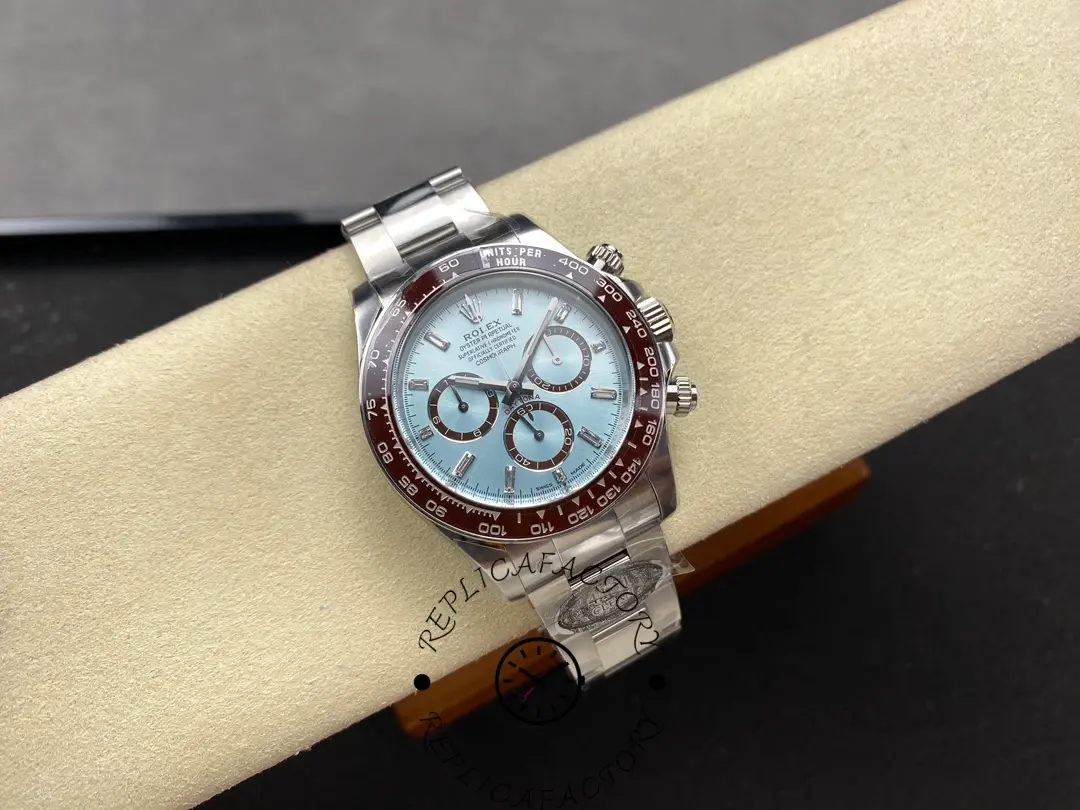 Full watch view of the Rolex Cosmograph Daytona 126506 displayed on cushion with ice-blue dial.