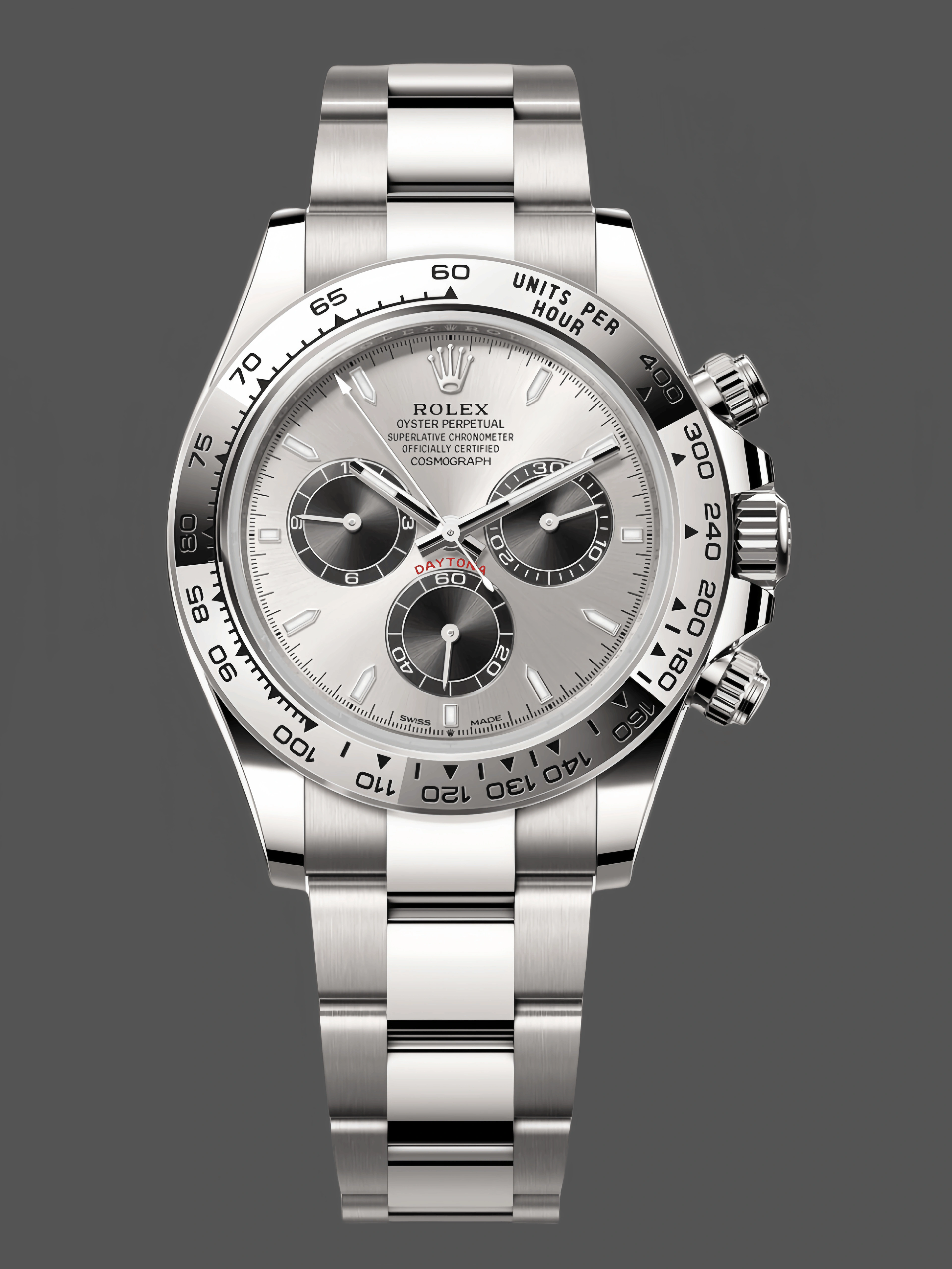 Front view of Rolex Daytona 126509-0003 showing silver dial, black subdials, and polished Oyster bracelet.