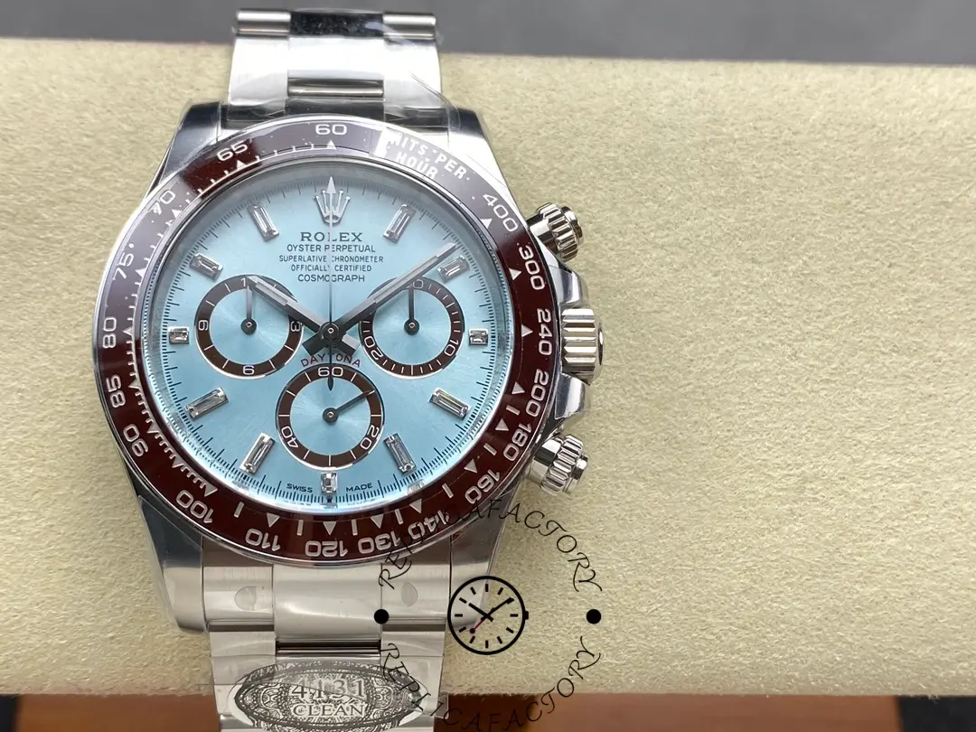 Front view of the Rolex Cosmograph Daytona 126506 showing the ice-blue dial and brown ceramic bezel.