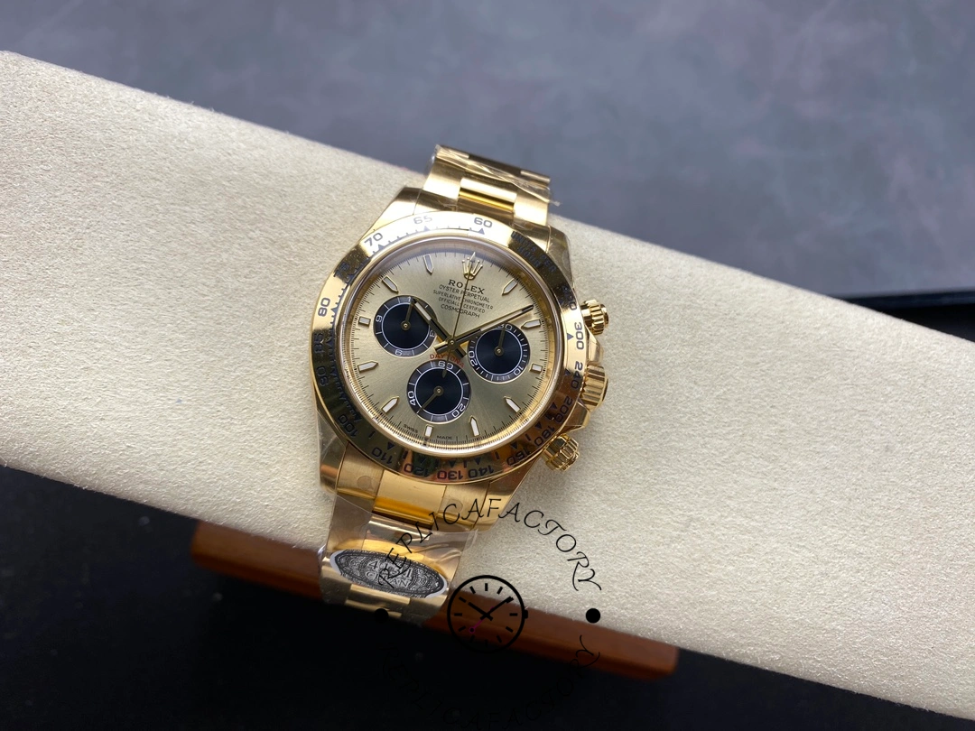 Angled view of Rolex Daytona 126508 displaying gold case, tachymeter bezel, and subdial alignment.