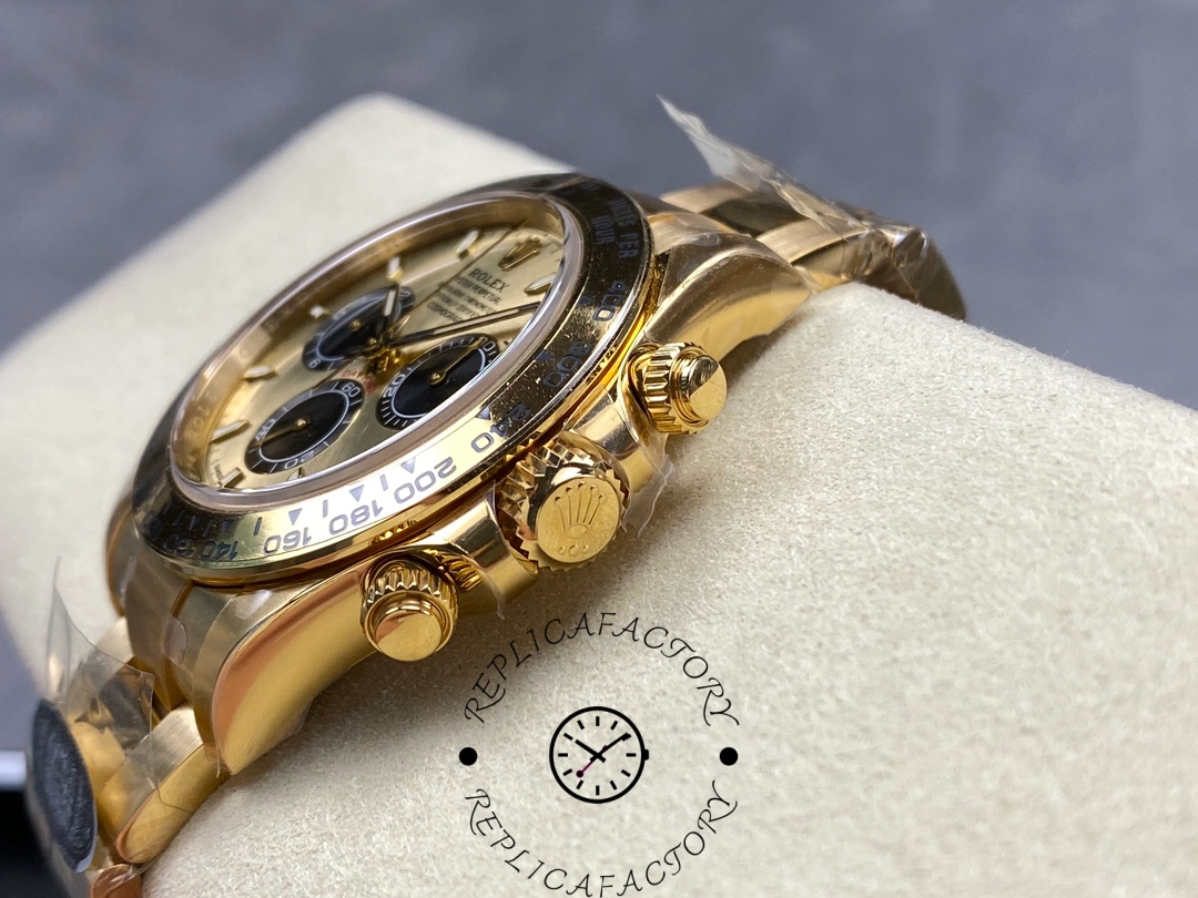 Crown-side view of Rolex Daytona 126508 highlighting pushers and engraved Rolex crown.