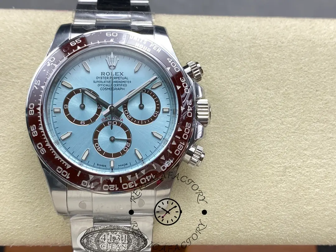 Front view of Rolex Daytona 126506 with ice-blue dial and chestnut brown ceramic bezel.