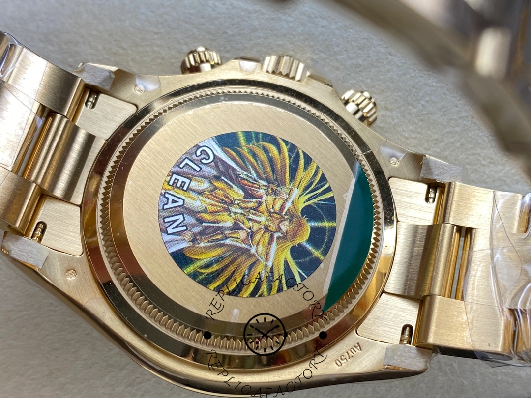 Caseback view of Rolex Daytona 126508 featuring decorative sticker on gold back cover.