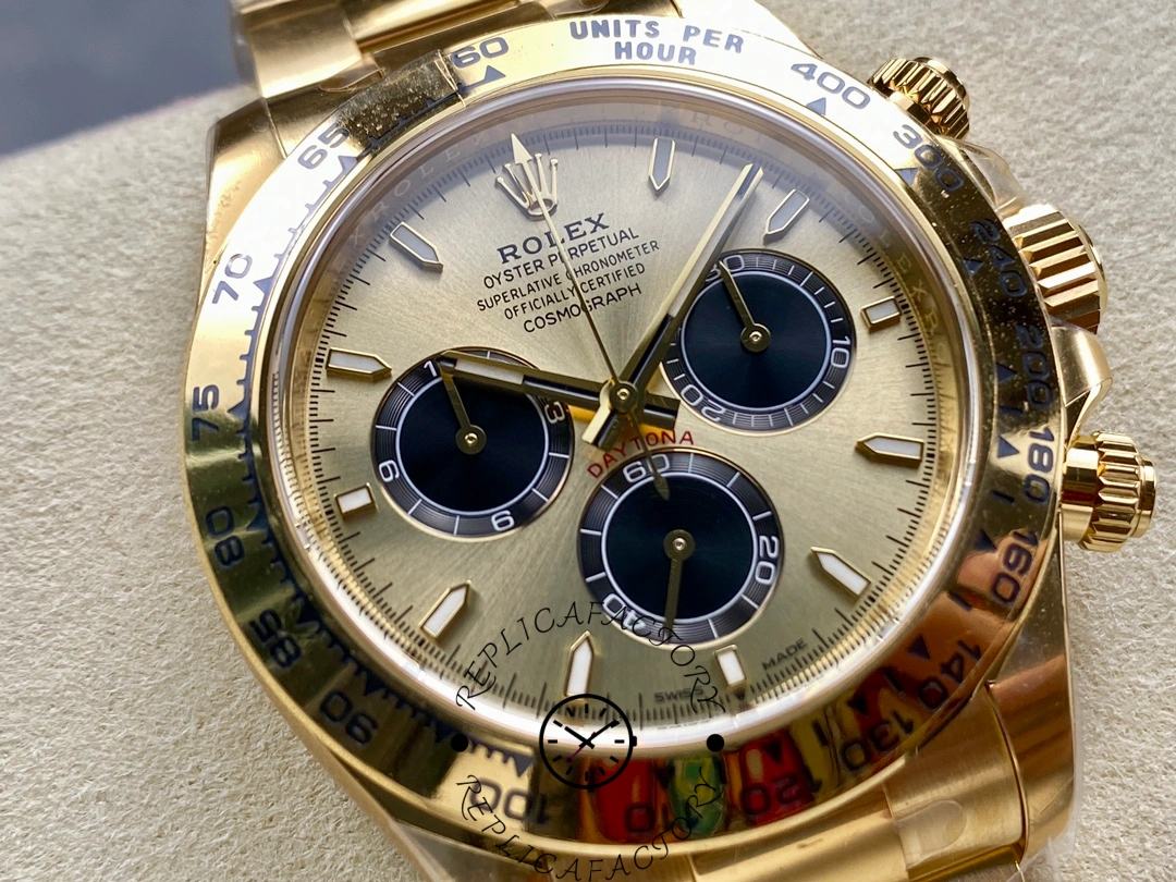 Detailed view of Rolex Daytona 126508 highlighting gold case, subdials, and etched bezel markings.