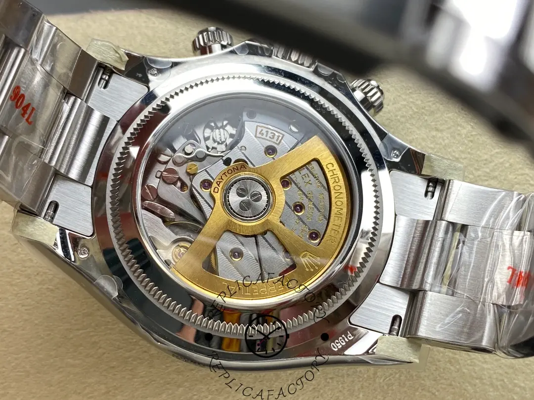 Exhibition caseback of the Rolex Cosmograph Daytona 126506 revealing movement and gold rotor.