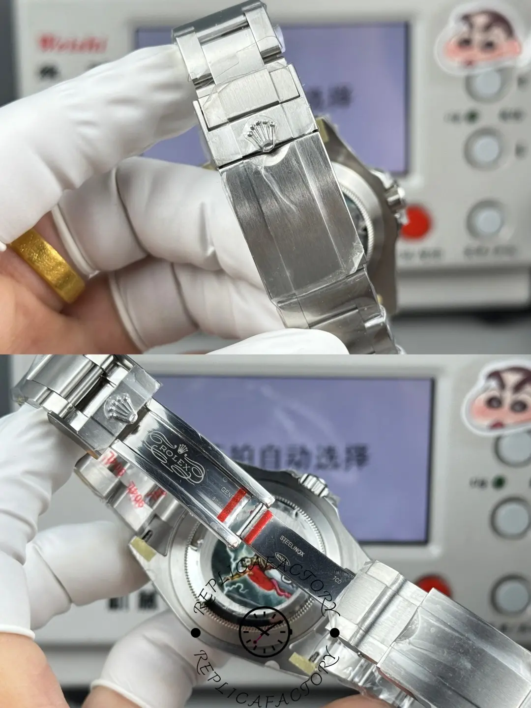 Inner clasp detail of Rolex Air-King 126900 showing polished steel surface and engraved markings.