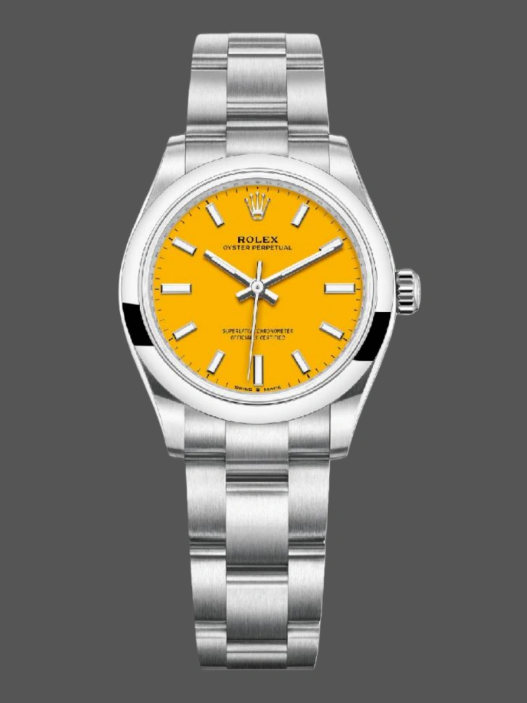 Front view of the Rolex Oyster Perpetual 31 277200 replica featuring a yellow dial and stainless steel Oyster bracelet.