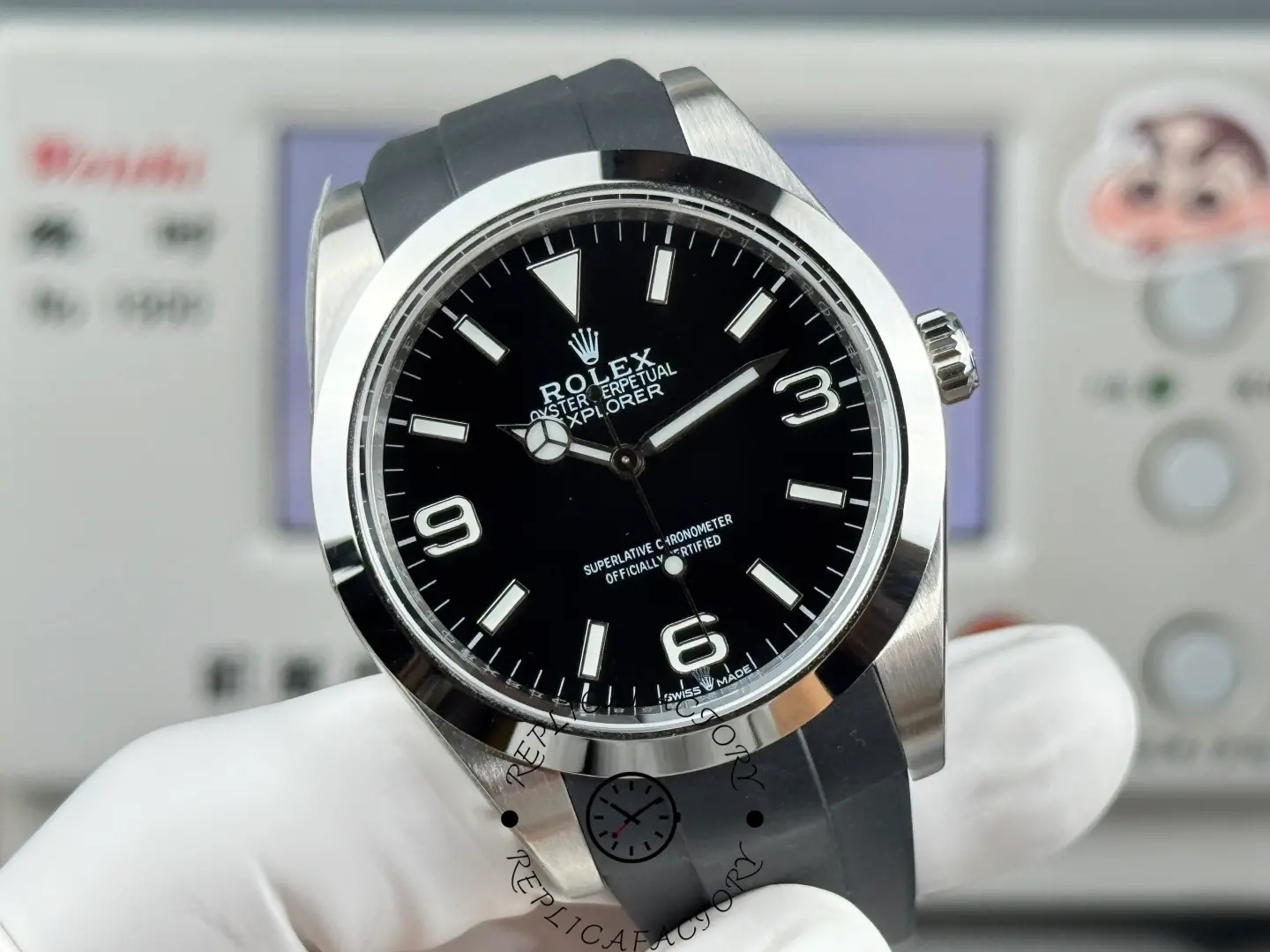 Side view of Rolex Explorer 224270 displaying polished case and screw-down crown.