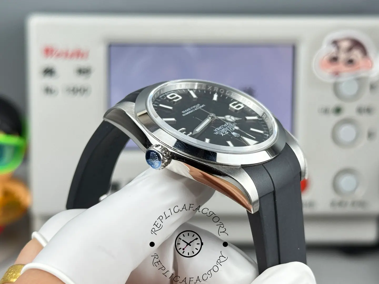 Crown-side view of Rolex Explorer 224270 with engraved crown detail.