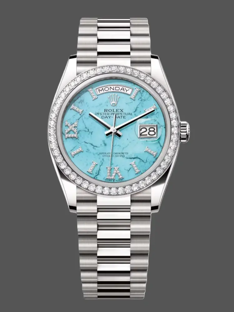 Front view of Rolex Day-Date 128349RBR-0031 showing turquoise stone-style dial, diamond bezel, and President bracelet.