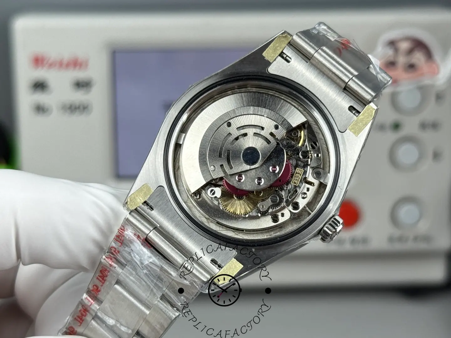 Case back view of Rolex Air-King 126900 showing automatic movement through exhibition back.