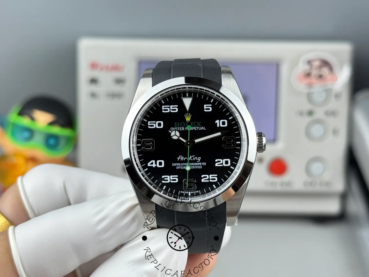 Angled front view of Rolex Air-King 126900 replica highlighting polished bezel and Arabic numerals.