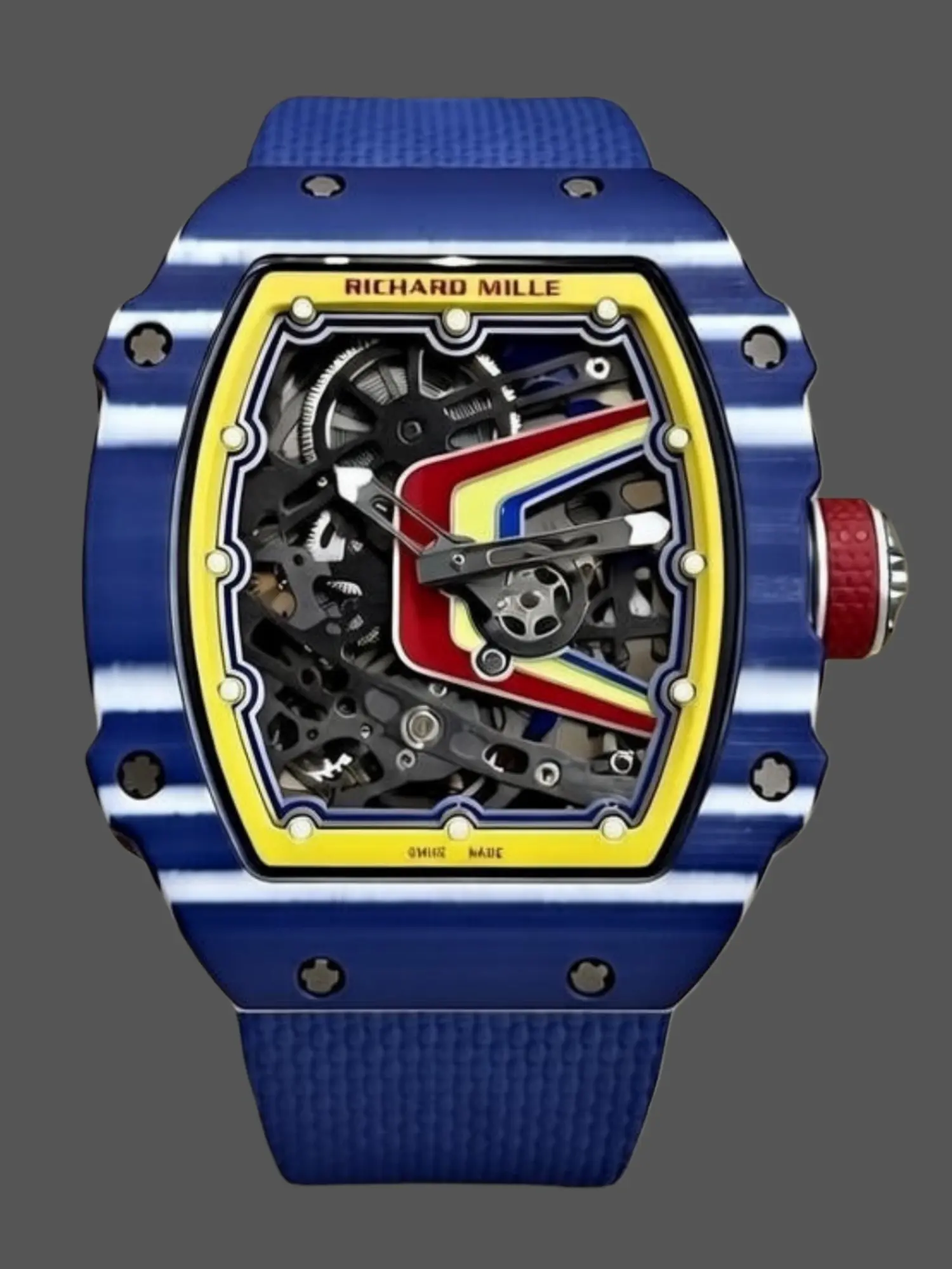 Front view of the Richard Mille RM 67-02 replica showing skeleton dial with blue, yellow and red accents.