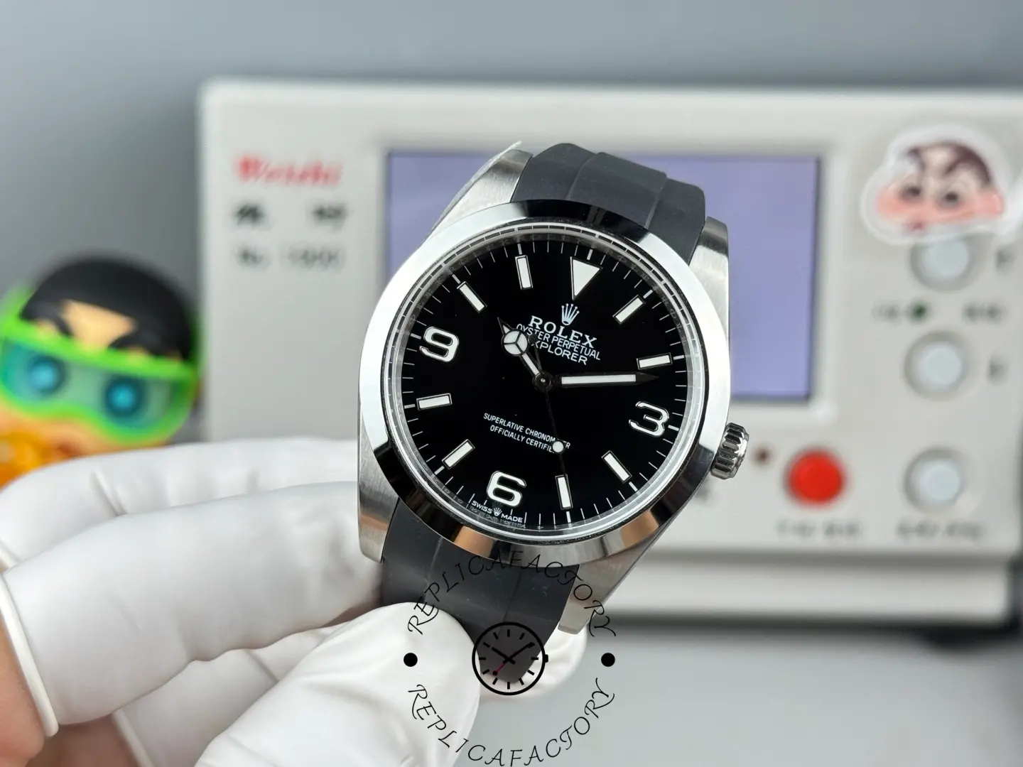 Close-up dial shot of Rolex Explorer 224270 showing Mercedes hands and logo.