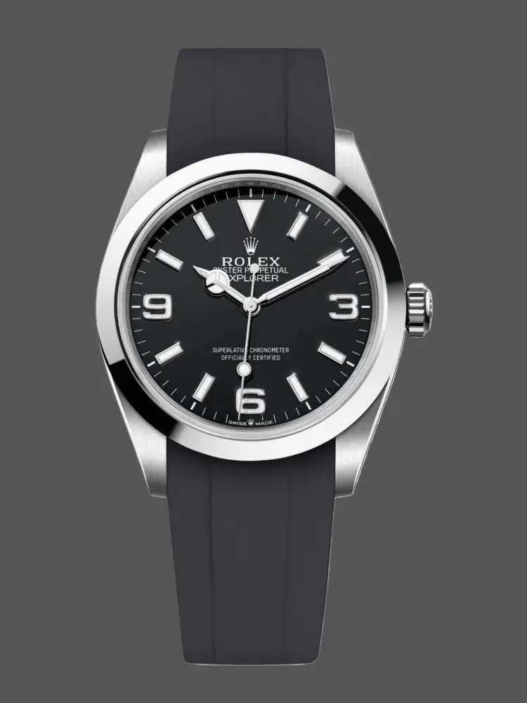 Front view of Rolex Explorer 224270 showing black dial, Arabic numerals, and smooth stainless steel bezel.