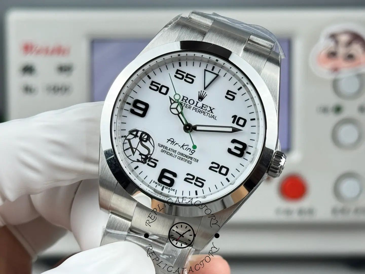 Detailed view of Rolex Air-King 126900 dial with Rolex logo and Air-King text.