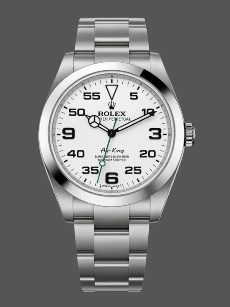 Front view of Rolex Air-King 126900 showing white dial with aviation numerals and Oyster bracelet.