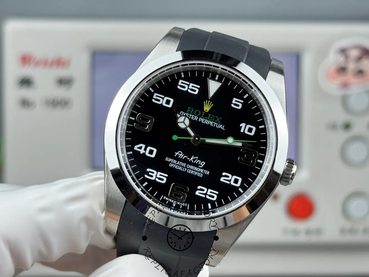 Angled dial view of Rolex Air-King 126900 replica showing aviation-style minute scale and polished bezel.