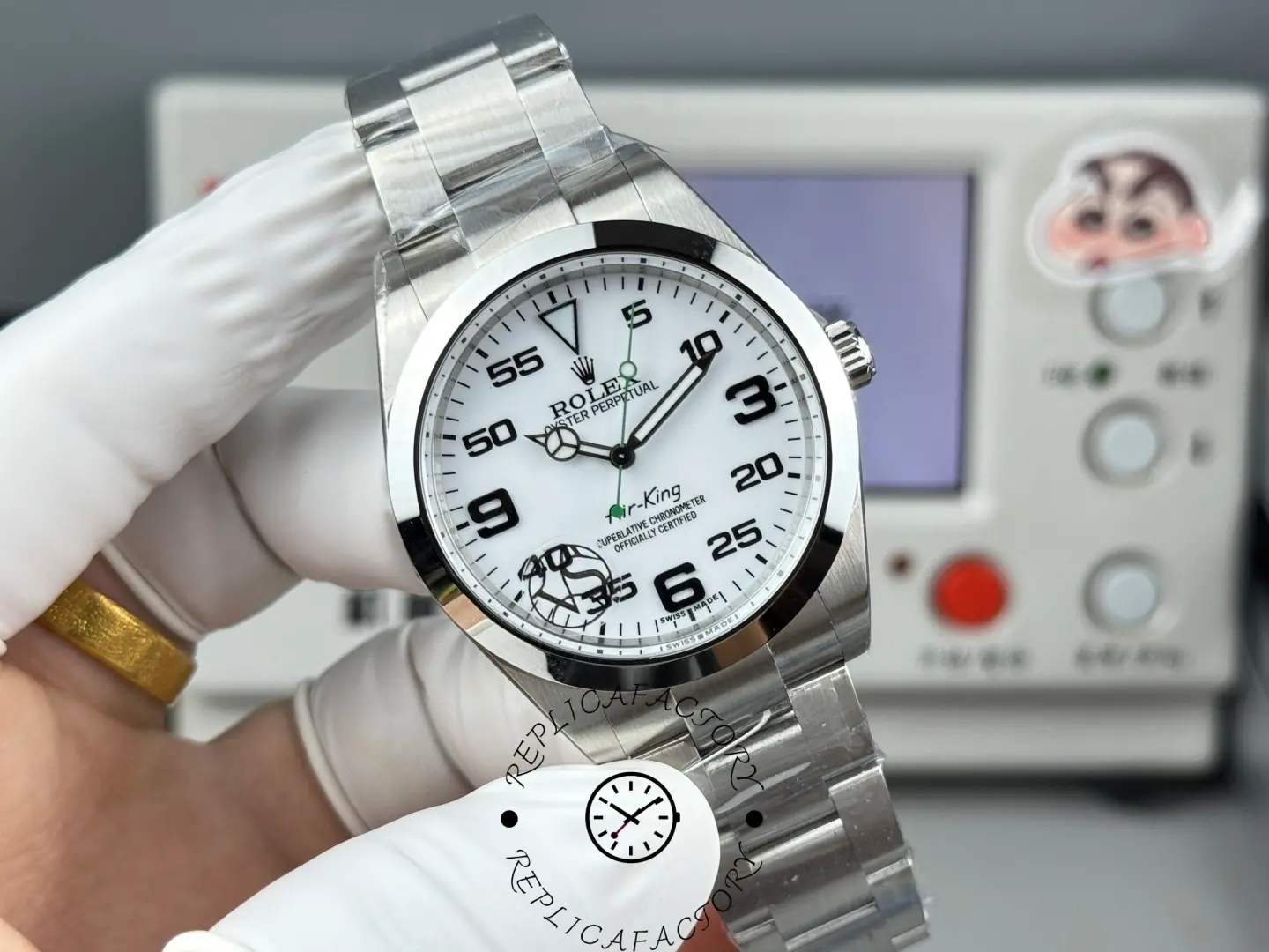 Angled front view of Rolex Air-King 126900 with polished bezel and Arabic numerals.