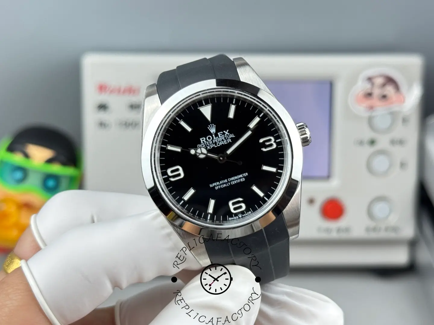 Angled front view of Rolex Explorer 224270 emphasizing luminous hour markers.