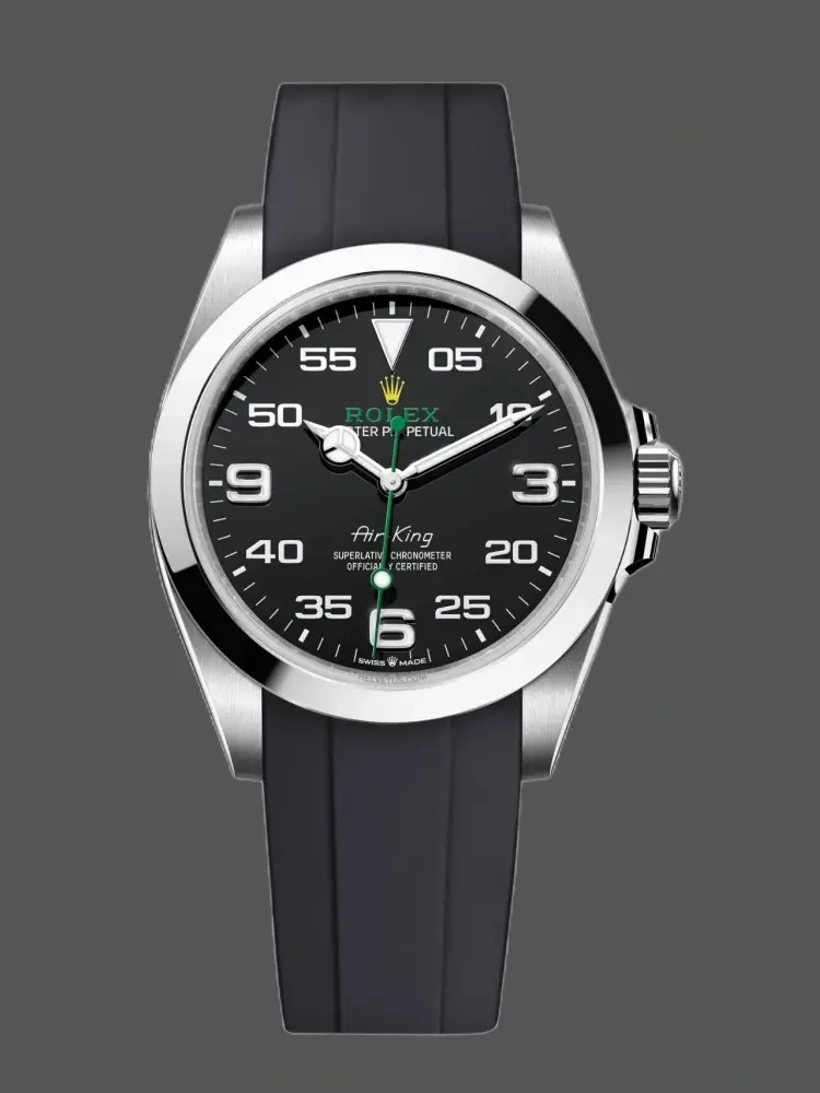 Front view of Rolex Air-King 126900 replica showing black aviation dial and green seconds hand.