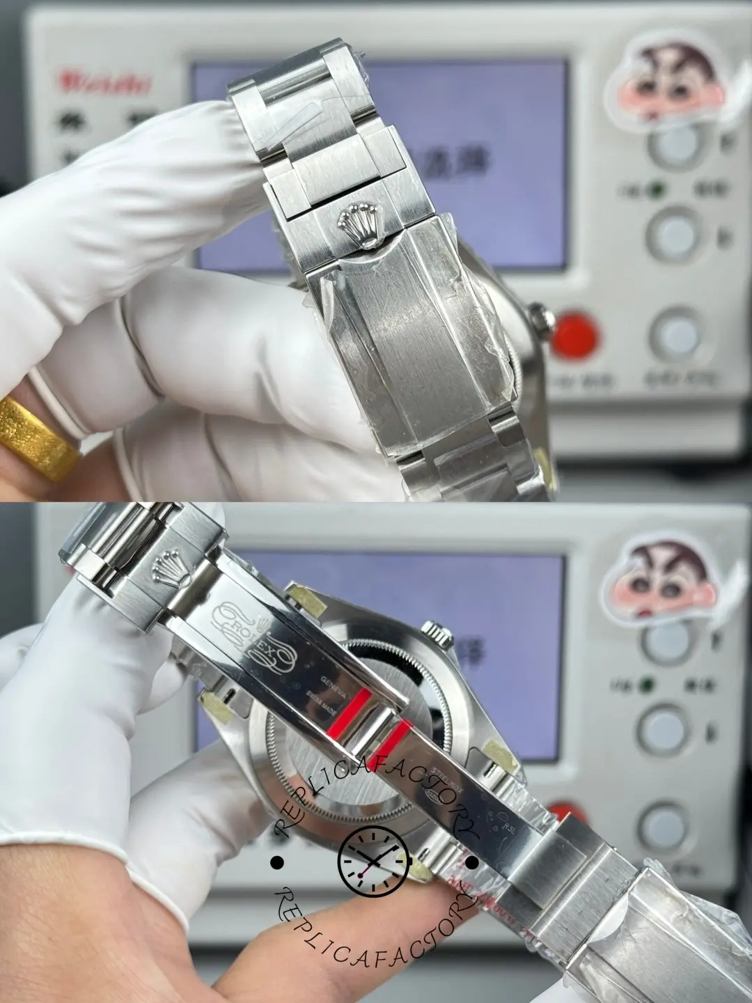 Clasp detail of Rolex Air-King 126900 Oyster bracelet with engraved Rolex crown.