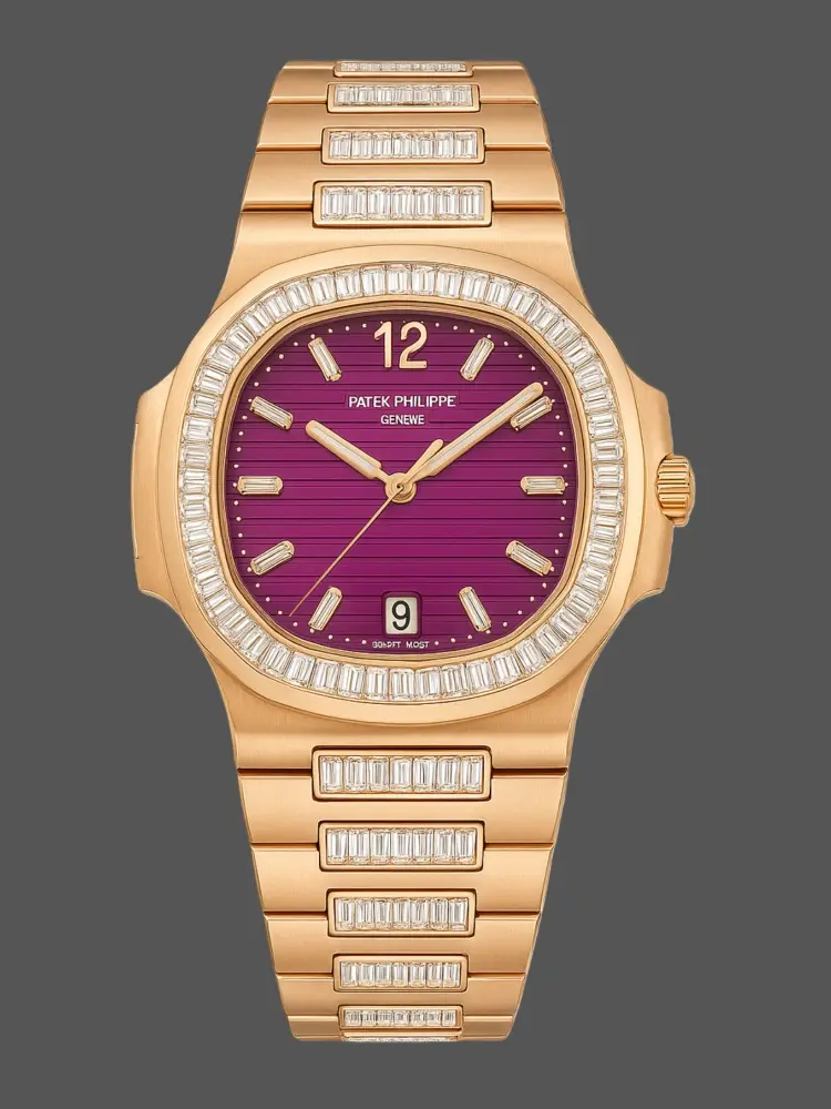 Front view of Patek Philippe Nautilus 7014 replica featuring a purple-red dial, baguette diamond bezel, and rose gold-tone bracelet.