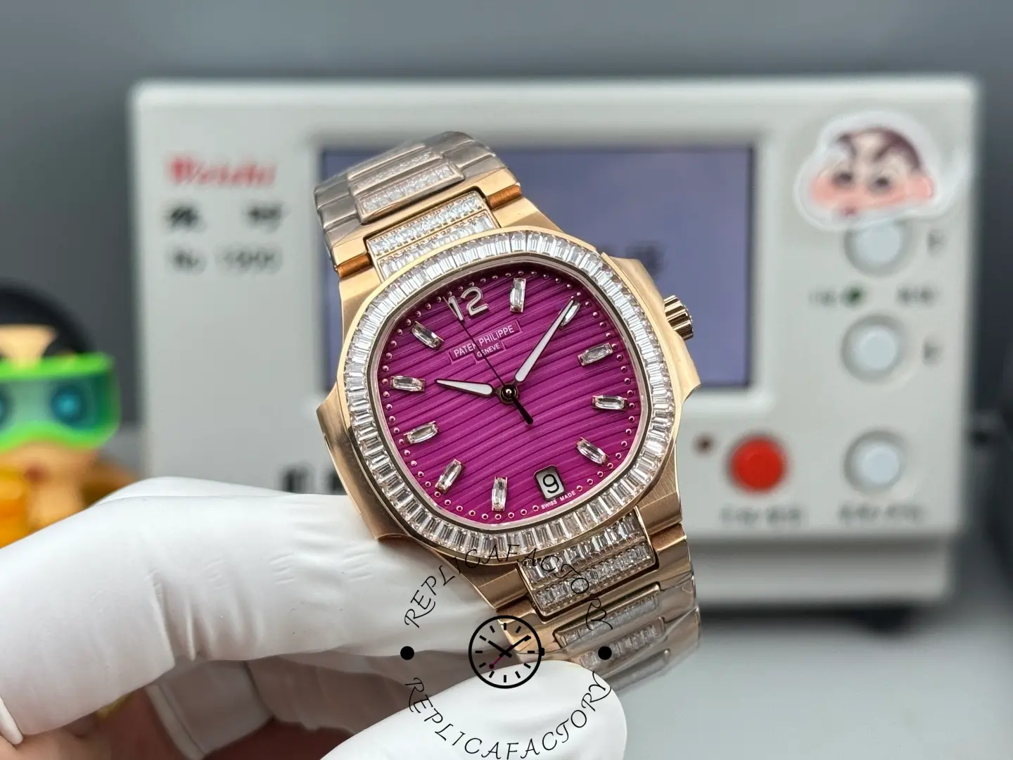 Angled front view of Patek Philippe Nautilus 7014 replica highlighting crystal hour markers and gradient dial.