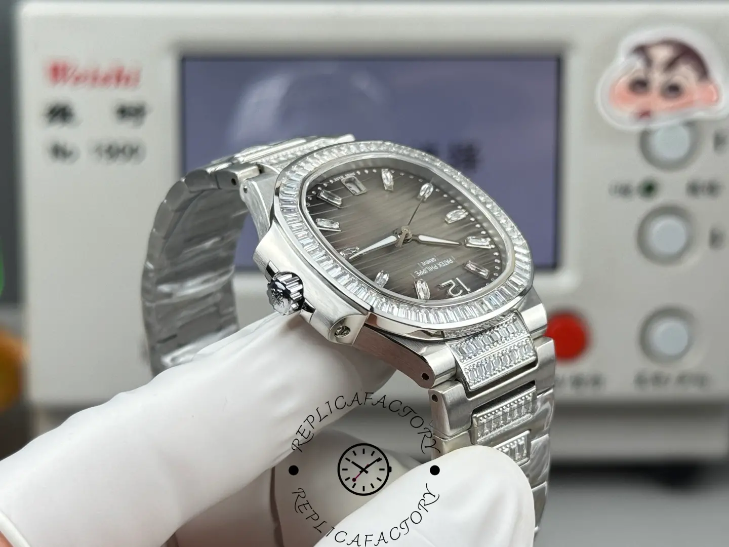 Side angle view of Patek Philippe Nautilus 7014-1G-001 replica showing curved case profile, stone-set bezel, crown detail, and integrated bracelet.