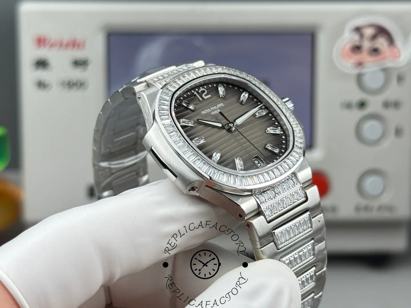 Side angle view of Patek Philippe Nautilus 7014-1G-001 replica showing curved case profile, stone-set bezel, and crown detail.