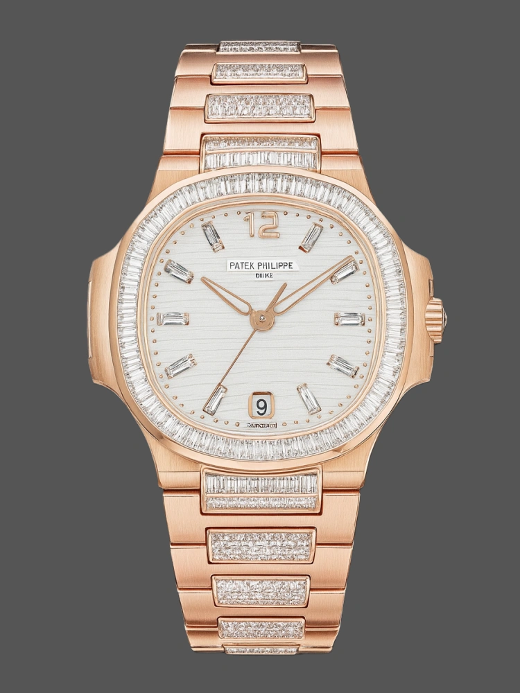Front studio view of Patek Philippe Nautilus 7014/1R-001 replica showing diamond bezel, silver dial and rose gold bracelet.