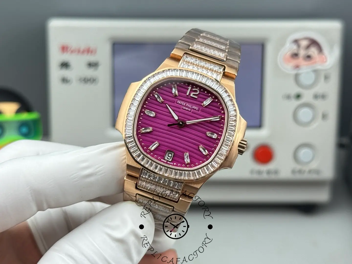 Side angle of Patek Philippe Nautilus 7014 replica showing rose gold-tone case and diamond bezel.