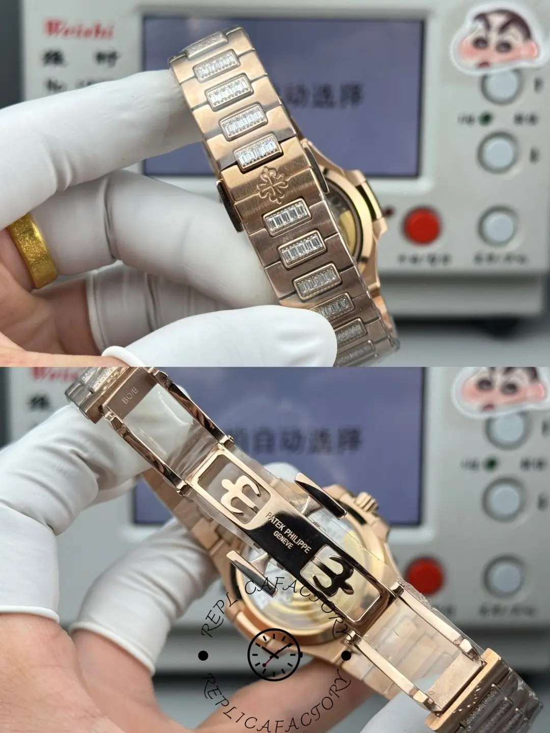 Clasp and bracelet detail of Patek Philippe Nautilus 7014/1R-001 replica showing engraved folding clasp and crystal-set links.