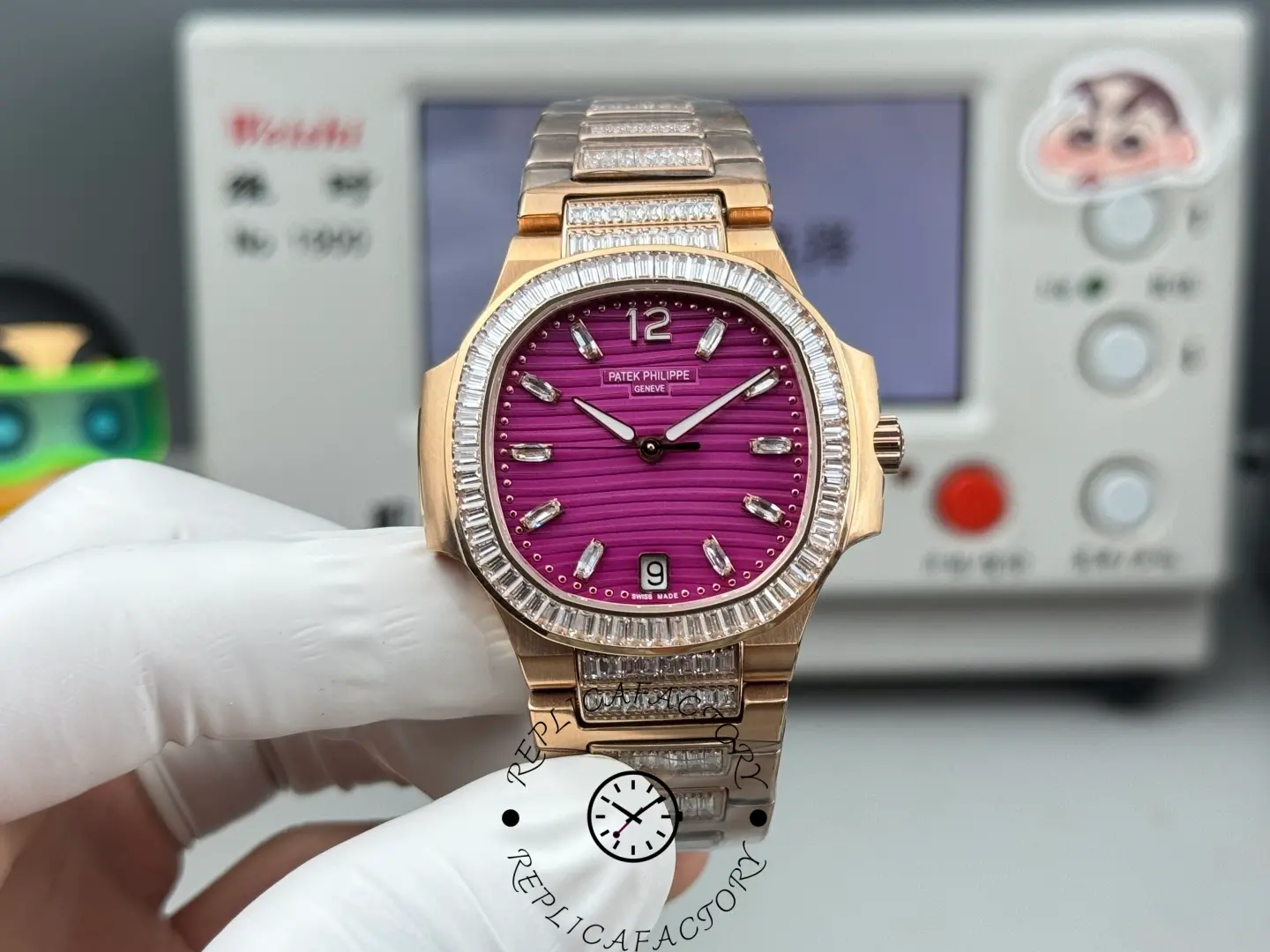Front close-up of Patek Philippe Nautilus 7014 replica showing purple-red embossed dial, baguette diamond bezel, and rose gold-tone bracelet held by gloved hand.
