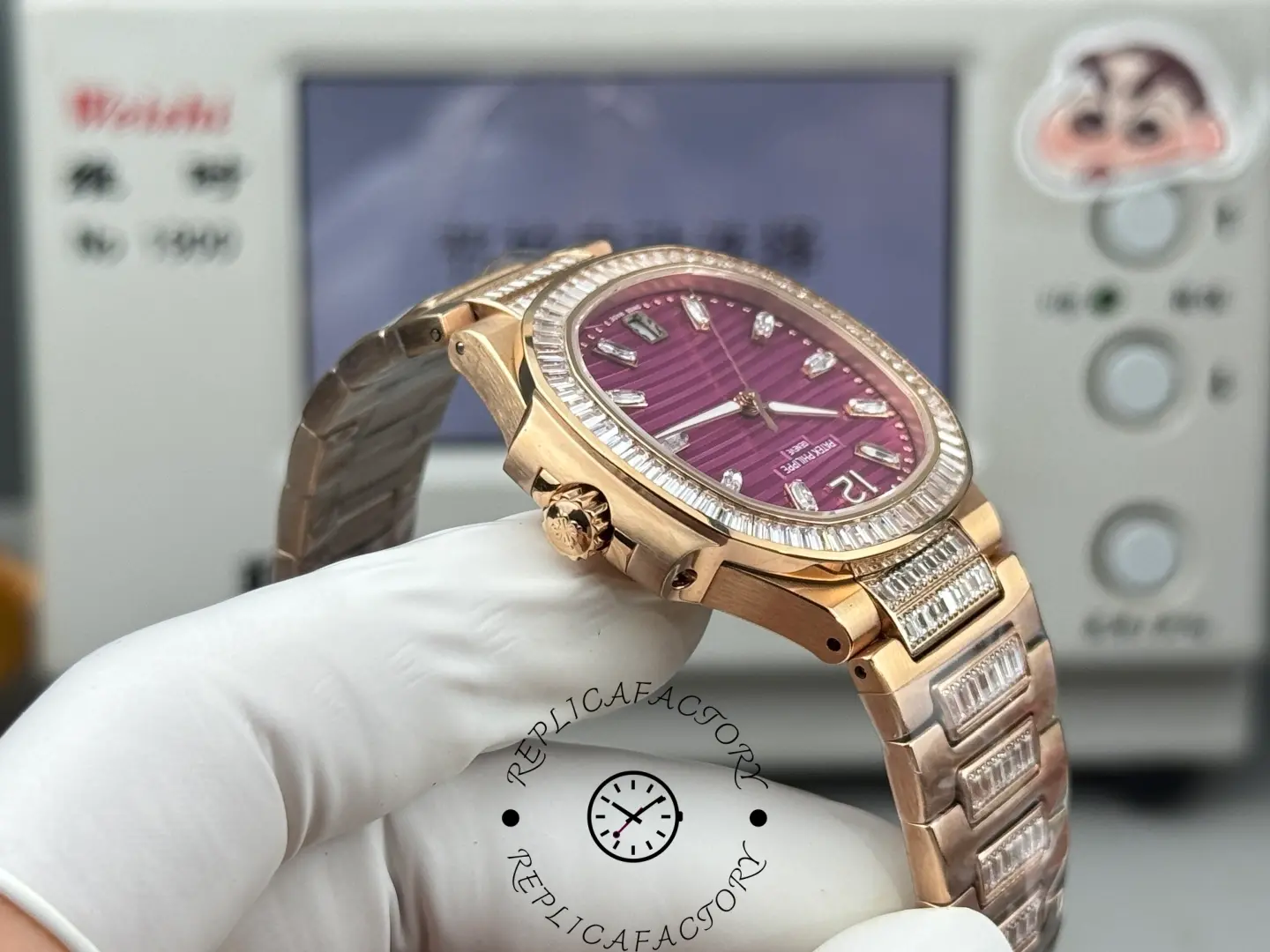 Side profile of Patek Philippe Nautilus 7014 replica showing crown and case contours.