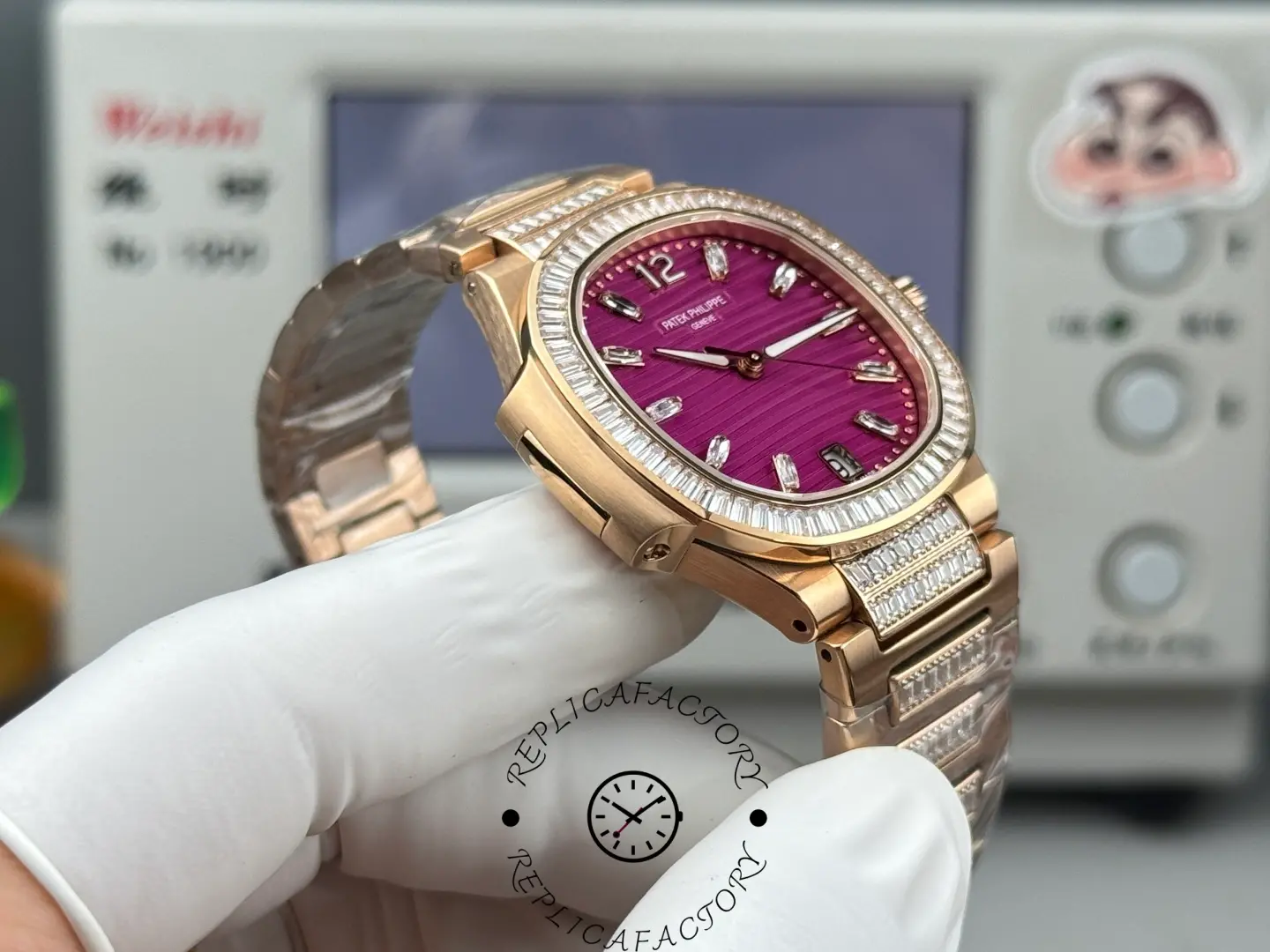 Angled side view of Patek Philippe Nautilus 7014 replica highlighting the rose gold-tone case, diamond bezel, and integrated bracelet.