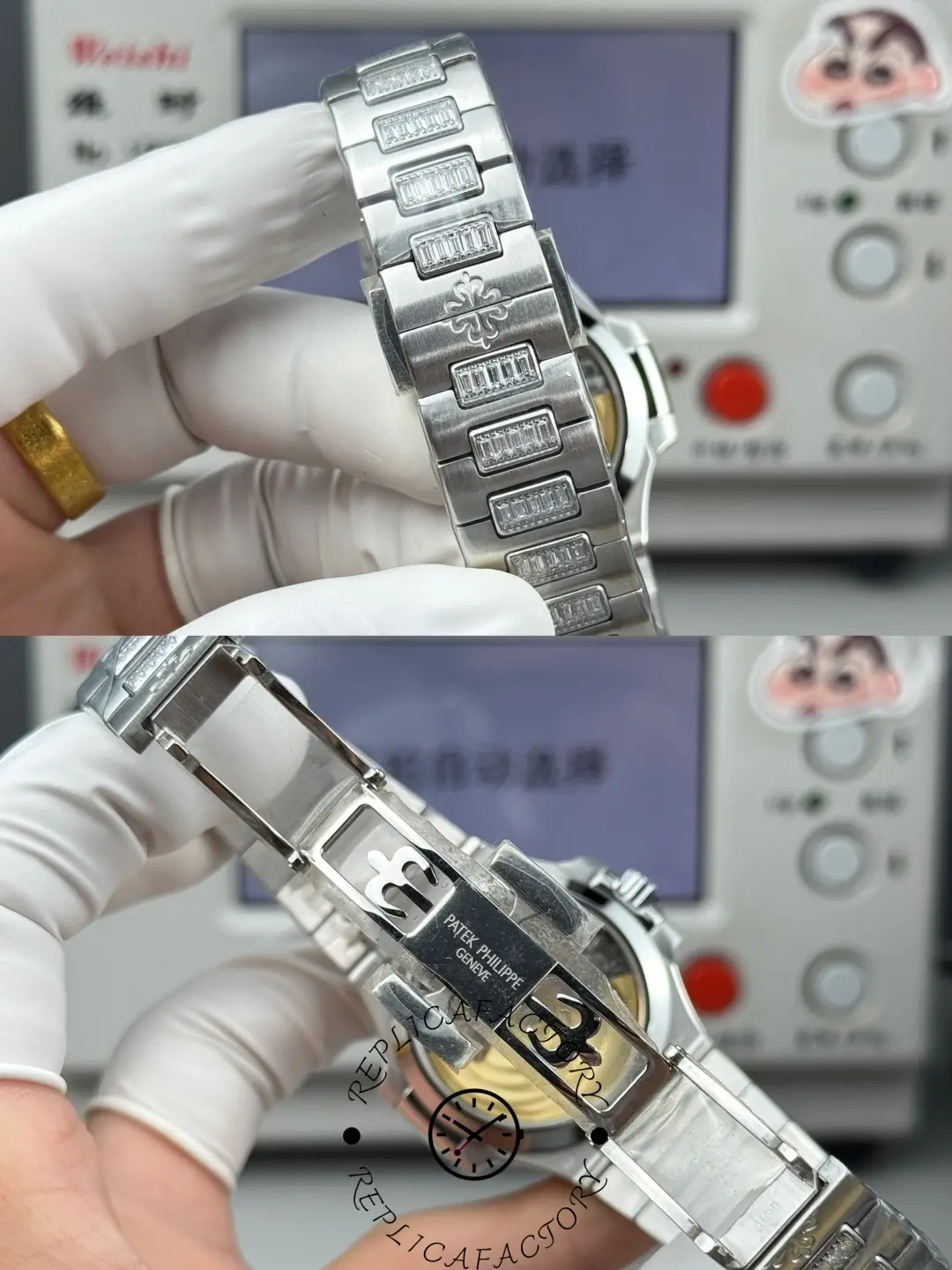 Clasp detail of Patek Philippe Nautilus 7014-1G-001 replica showing folding clasp with engraved branding.