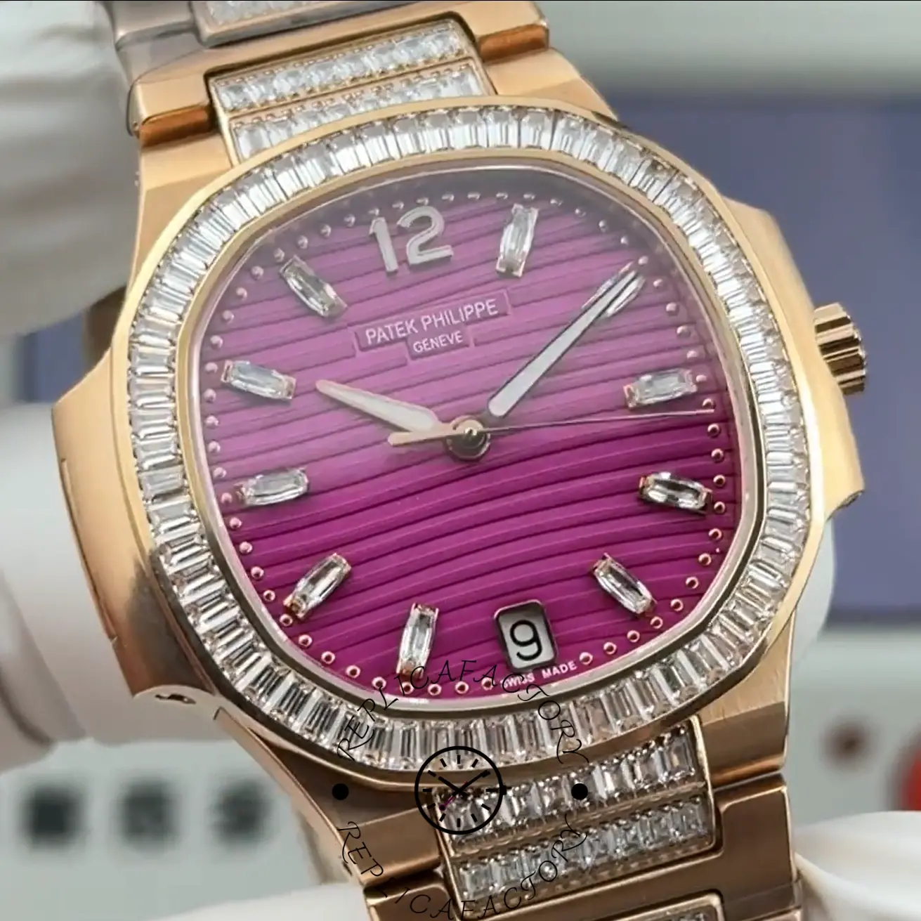 Macro view of Patek Philippe Nautilus 7014 replica showing date window at 6 o'clock.