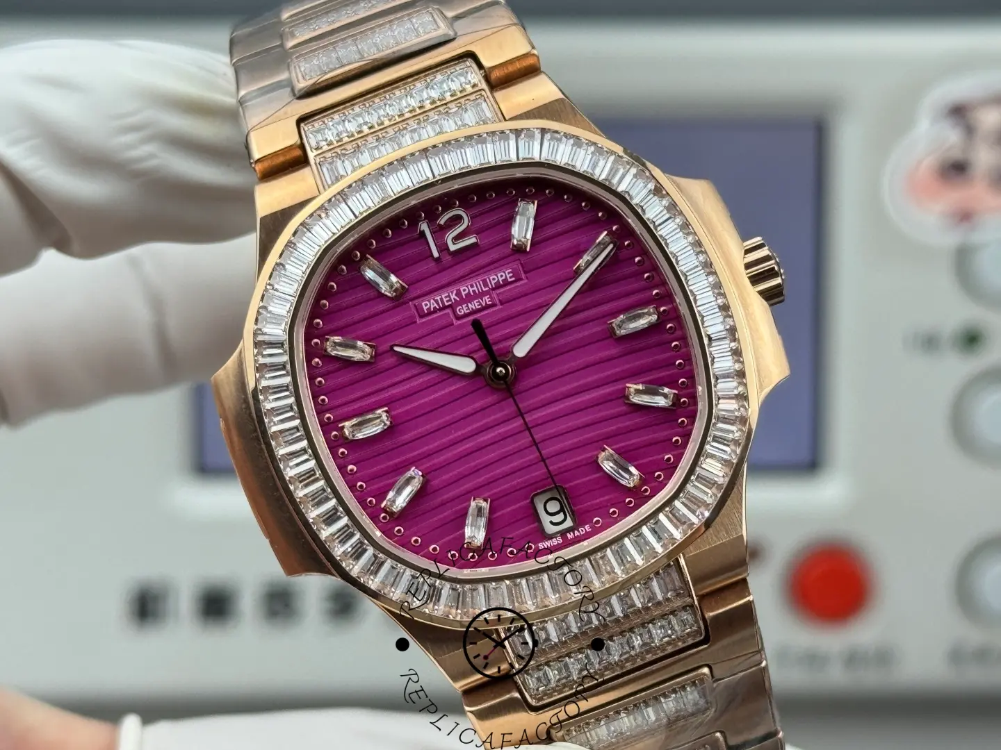 Front angle of Patek Philippe Nautilus 7014 replica emphasizing diamond-set bezel and polished hands.