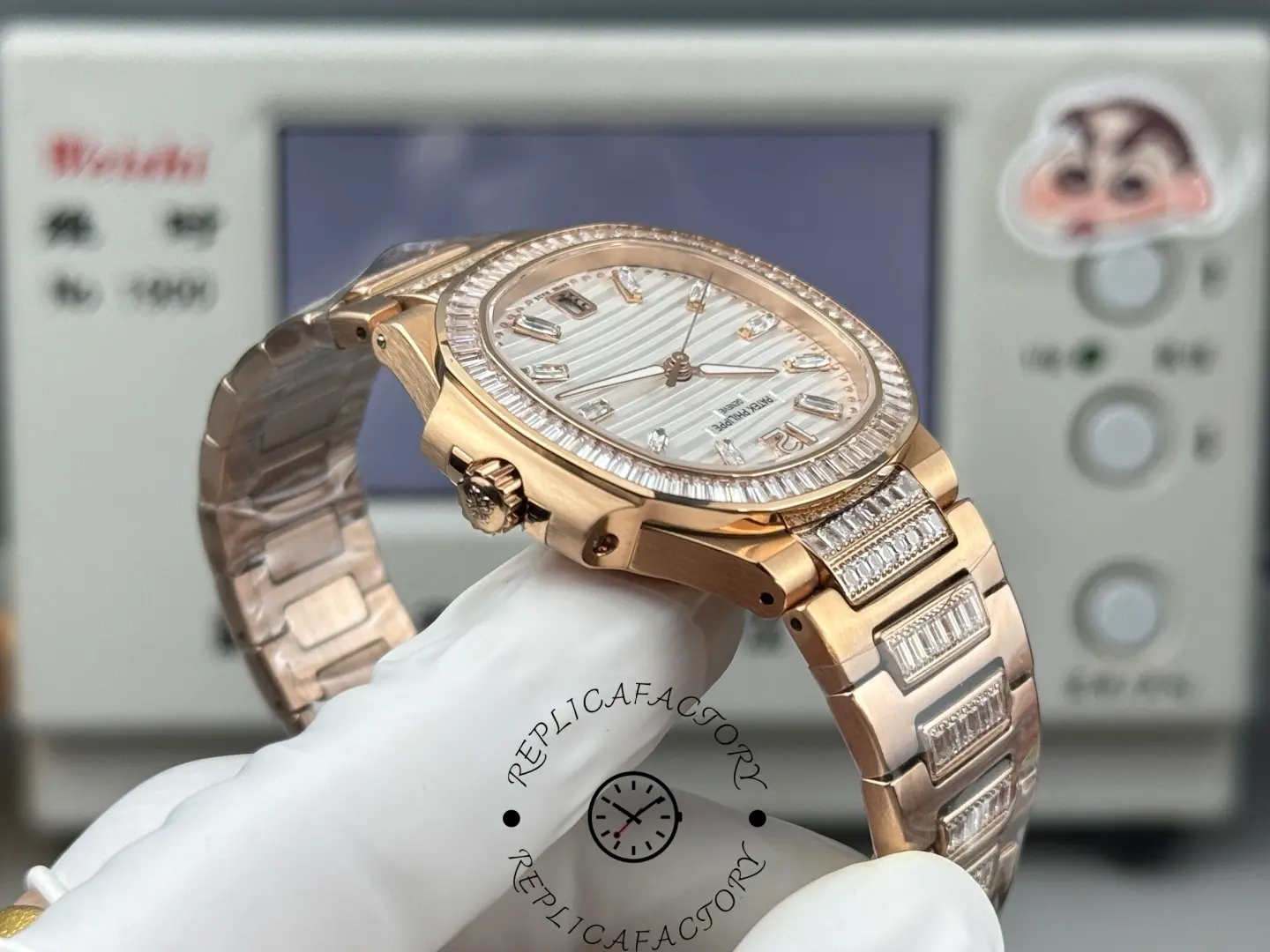 Side view of Patek Philippe Nautilus 7014/1R-001 replica highlighting crown and case finishing.