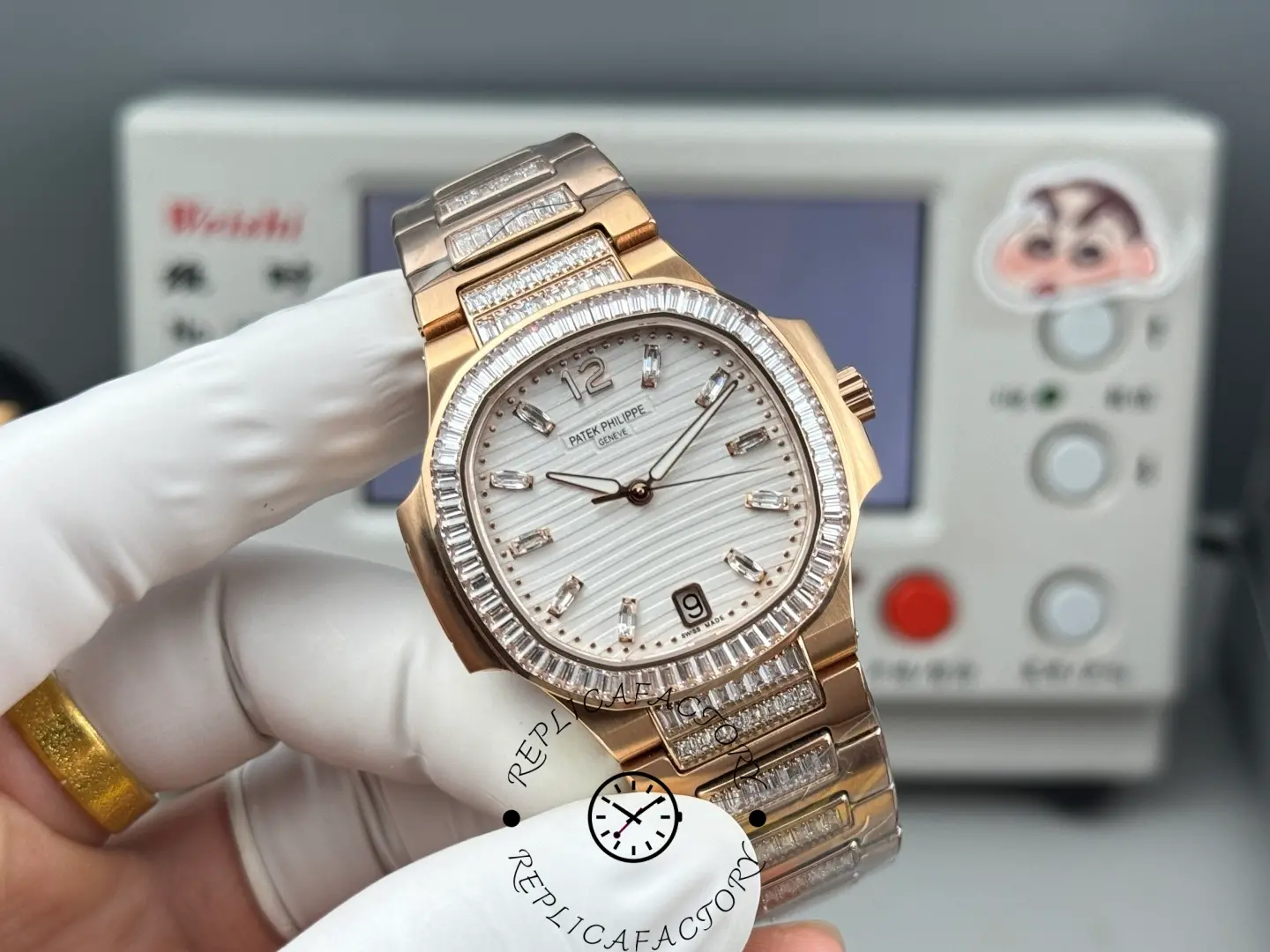 Angled front view of Patek Philippe Nautilus 7014/1R-001 replica highlighting baguette crystal bezel and dial texture.