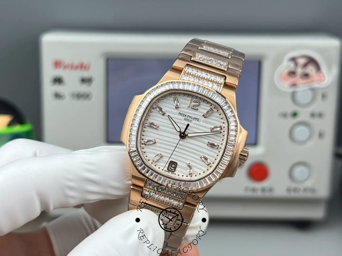 Straight front shot of Patek Philippe Nautilus 7014/1R-001 replica with date window at 6 o’clock.