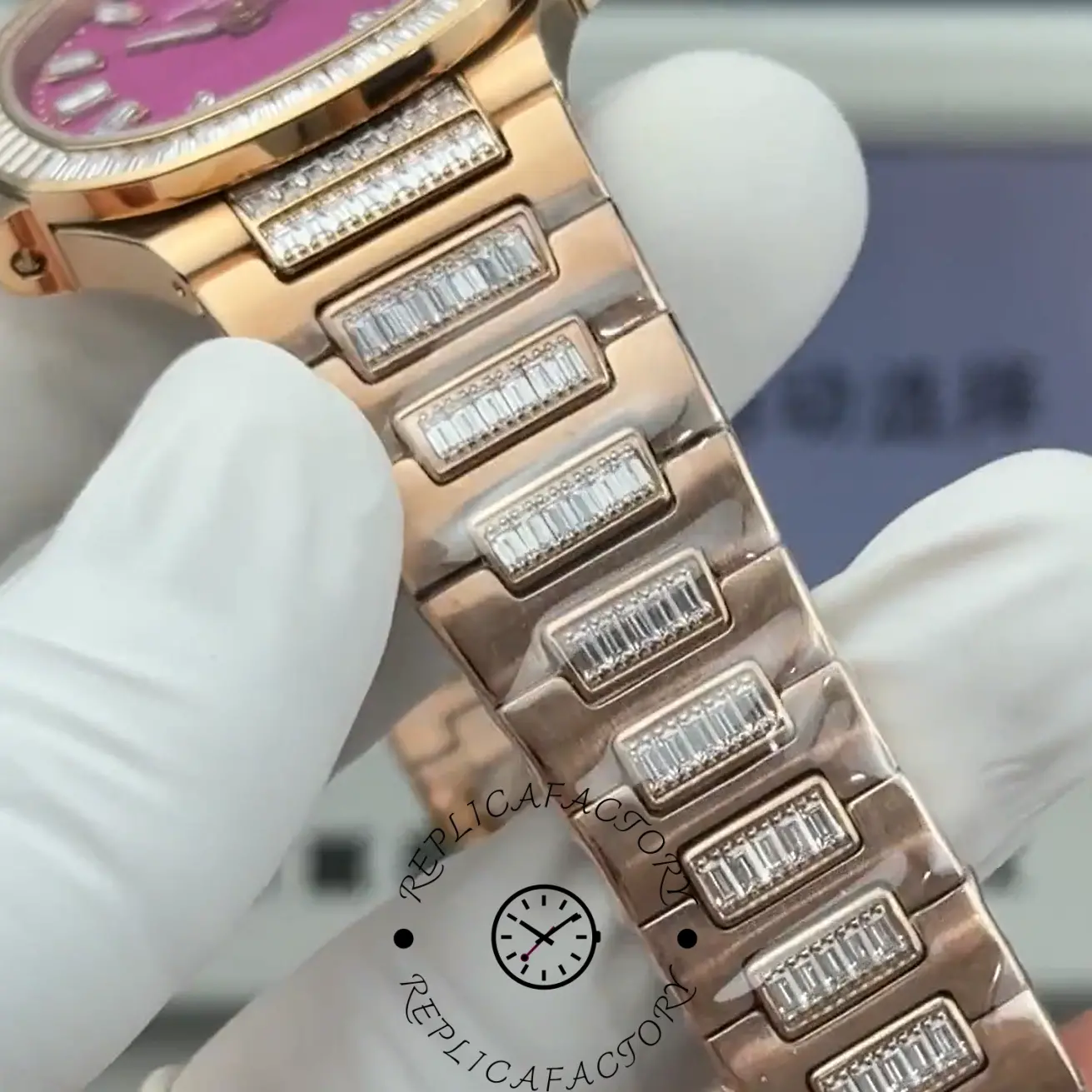 Angled view of Patek Philippe Nautilus 7014 replica with integrated bracelet design.