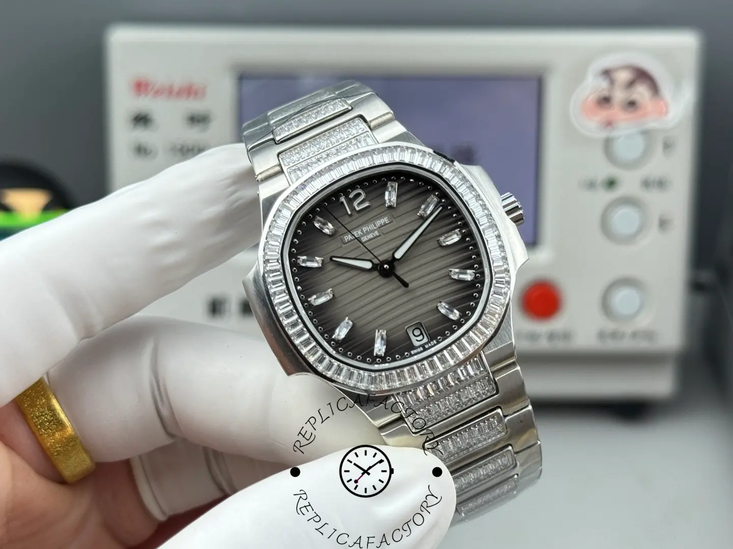 Angled dial view of Patek Philippe Nautilus 7014-1G-001 replica showing horizontal dial texture and stone-set bezel.