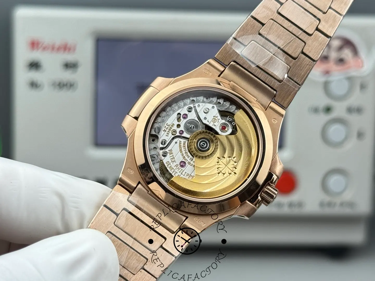Rear view of Patek Philippe Nautilus 7014 replica showing transparent case back and rotor.