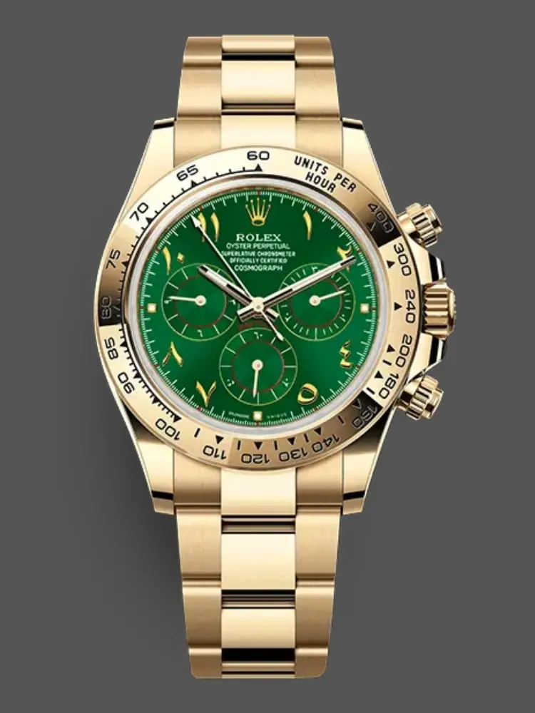 Front view of Rolex Daytona 116508 with green Arabic numeral dial, yellow gold case and Oyster bracelet.