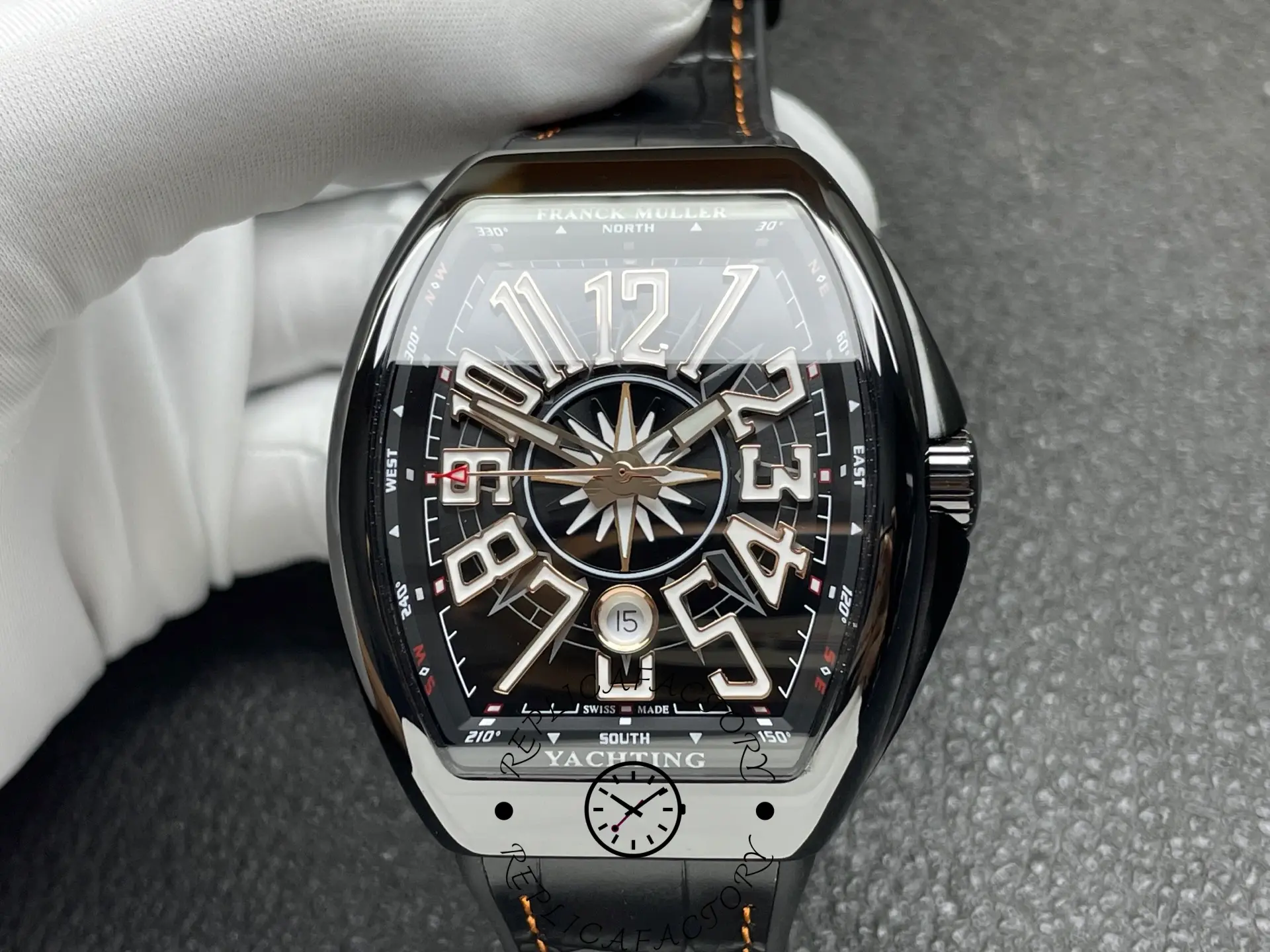 Angled front view of Franck Muller V 45 SC DT YACHT CR NR highlighting curved tonneau case.