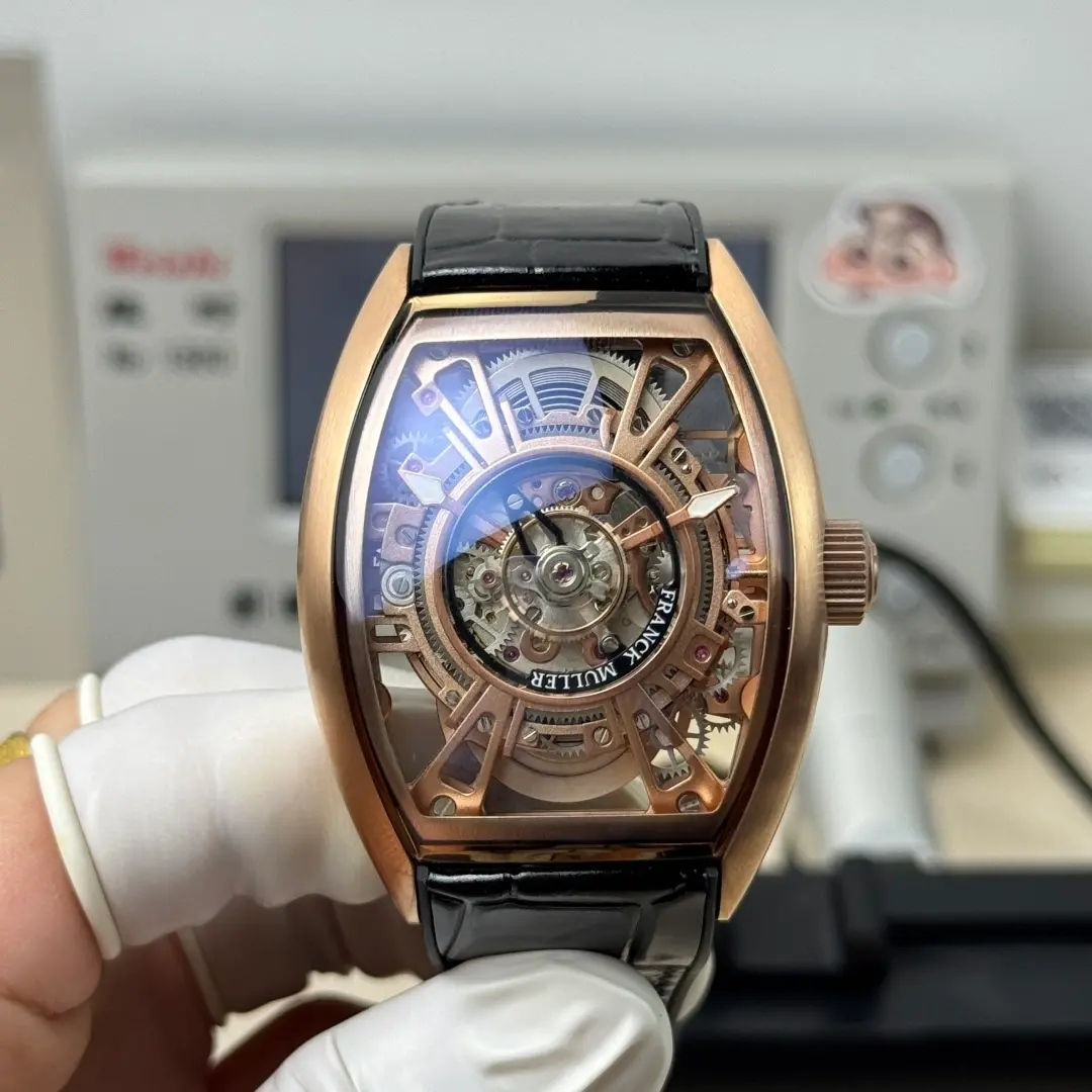 Front view of Franck Muller V45 CX Tourbillon showing rose gold curved case and full skeleton dial.