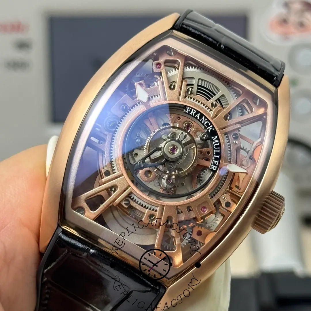 Detailed front close-up of Franck Muller V45 CX Tourbillon showing rose gold bridges and gears.