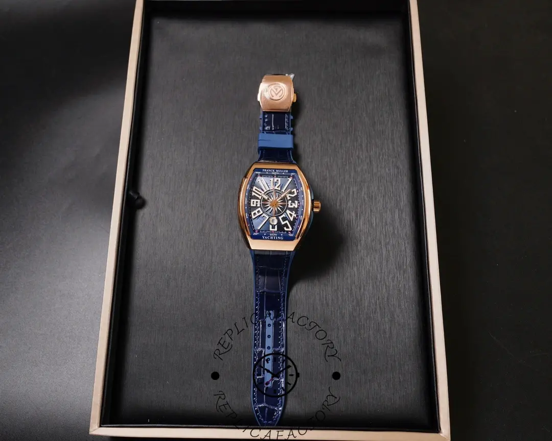 Full set view of Franck Muller V45 SC DT Yachting 1:1 clone displayed in presentation box.